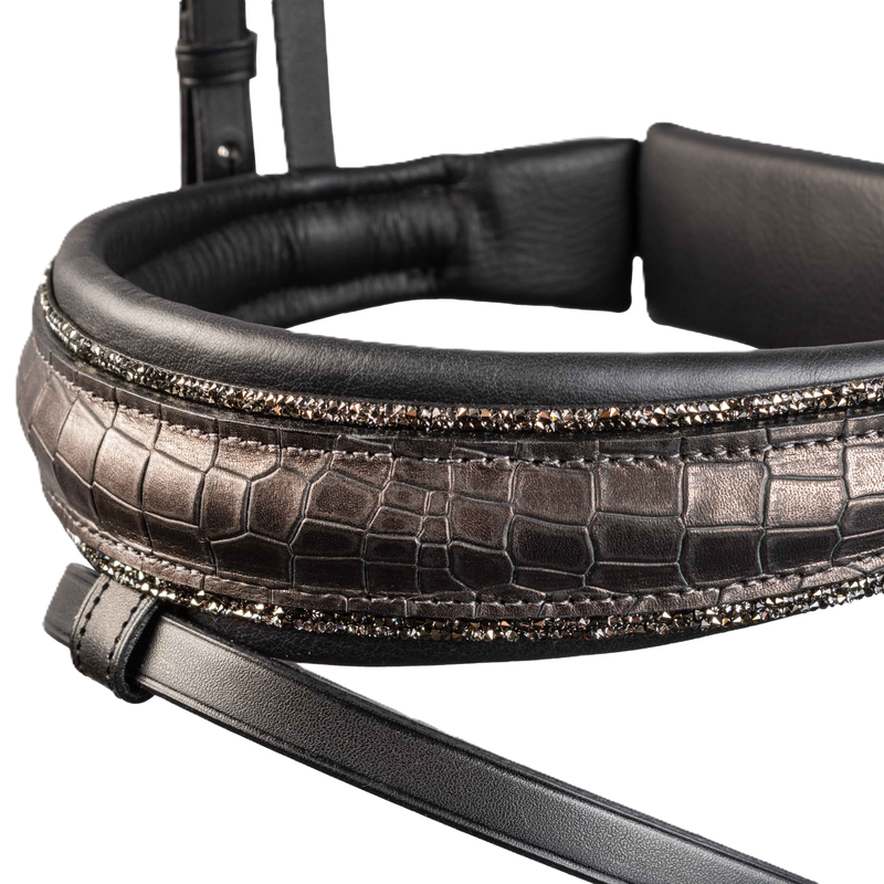 Otto Schumacher Zaumzeug Tokyo Schwarz - Nasenriemen Croco Metallic - Stirnriemen Greige - Silver Shade - Jet Hämatit