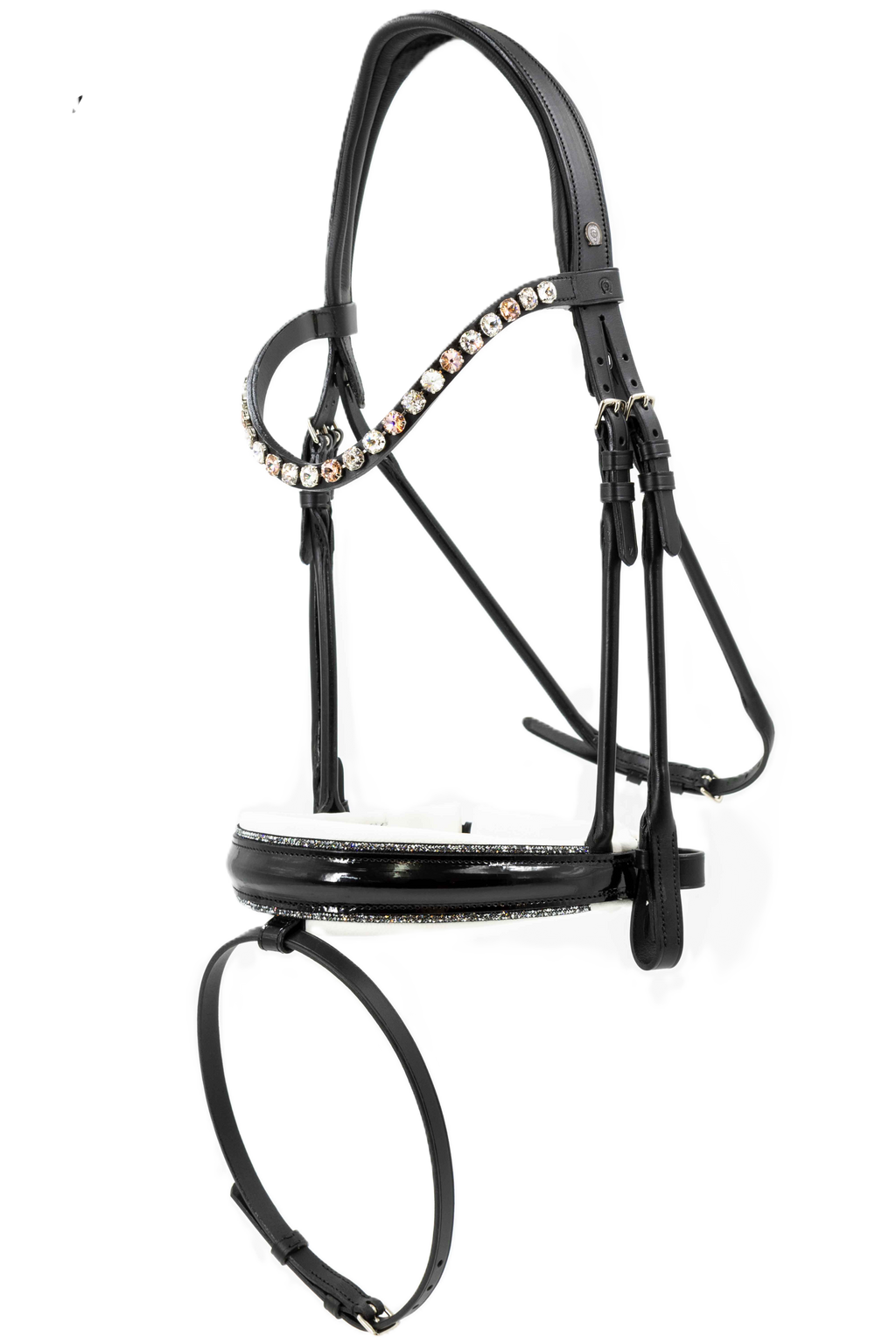 Otto Schumacher Bridle Bellevue Elegant - Noseband XS Feel Good Patent Black, Fineline Lt. Chrome, White Padded - Browband Rivoli XL Curved Crystal & Patina Rose & Vintage Rose - Silver Settings