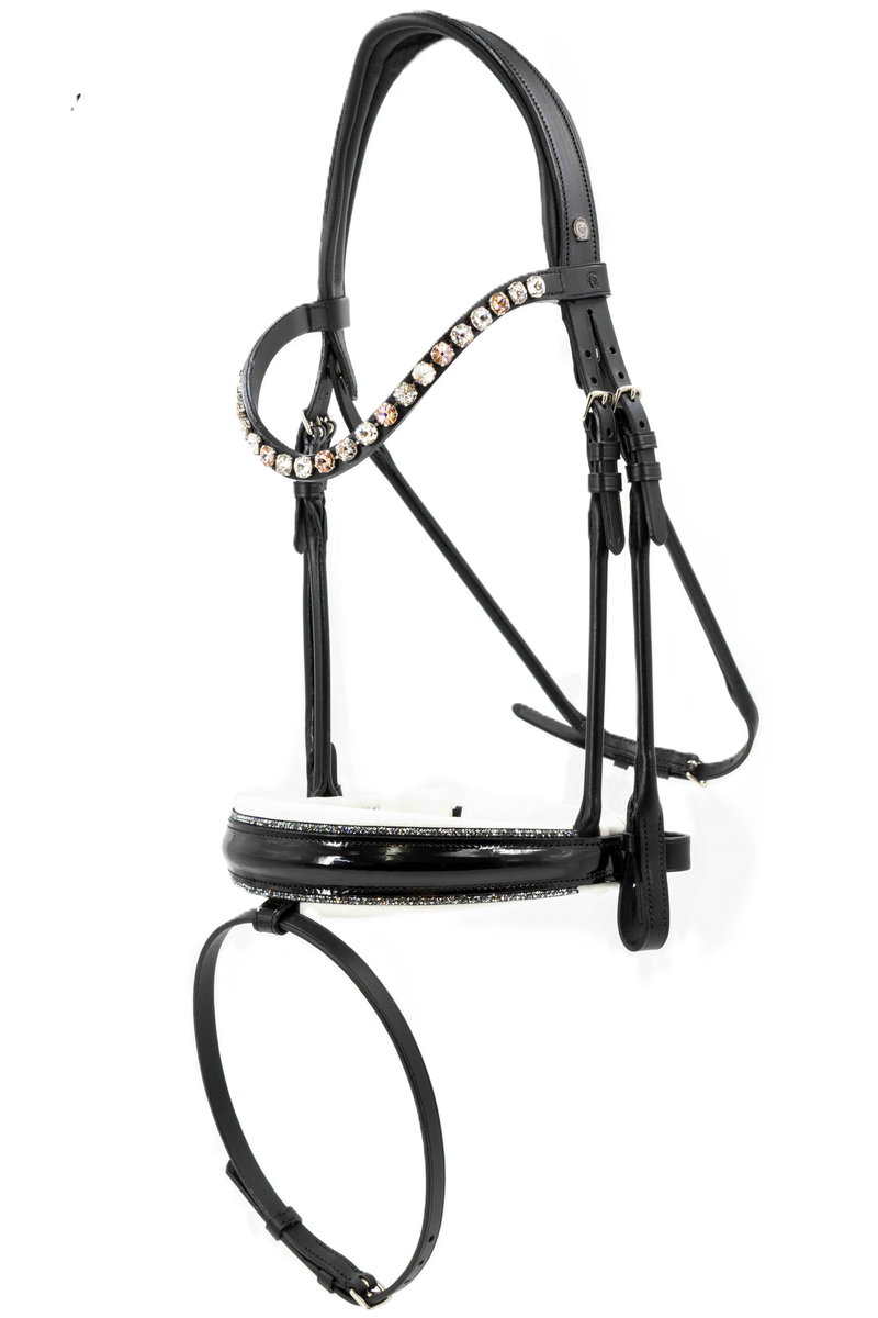 Otto Schumacher Bridle Bellevue Elegant - Noseband XS Feel Good Patent Black, Fineline Lt. Chrome, White Padded - Browband Rivoli XL Curved Crystal & Patina Rose & Vintage Rose - Silver Settings