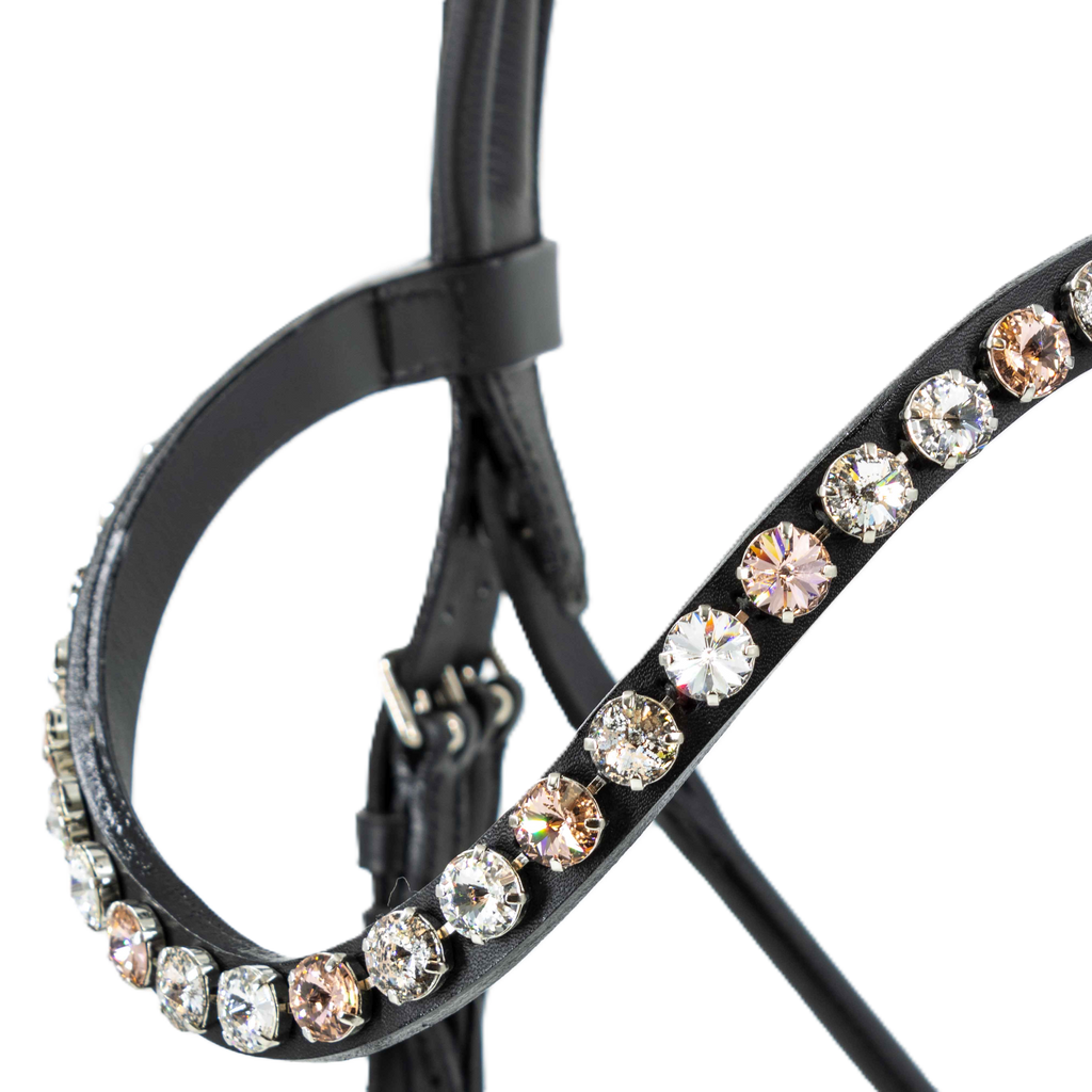 Otto Schumacher Bridle Bellevue Elegant - Noseband XS Feel Good Patent Black, Fineline Lt. Chrome, White Padded - Browband Rivoli XL Curved Crystal & Patina Rose & Vintage Rose - Silver Settings