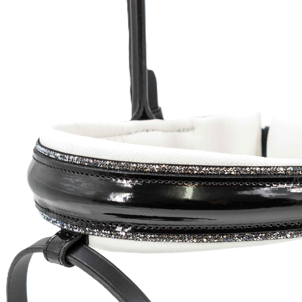 Otto Schumacher Bridle Bellevue Elegant - Noseband XS Feel Good Patent Black, Fineline Lt. Chrome, White Padded - Browband Rivoli XL Curved Crystal & Patina Rose & Vintage Rose - Silver Settings