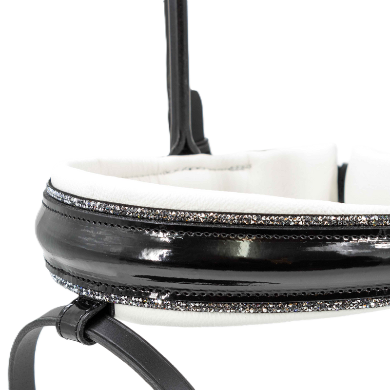 Otto Schumacher Bridle Bellevue Elegant - Noseband XS Feel Good Patent Black, Fineline Lt. Chrome, White Padded - Browband Rivoli XL Curved Crystal & Patina Rose & Vintage Rose - Silver Settings