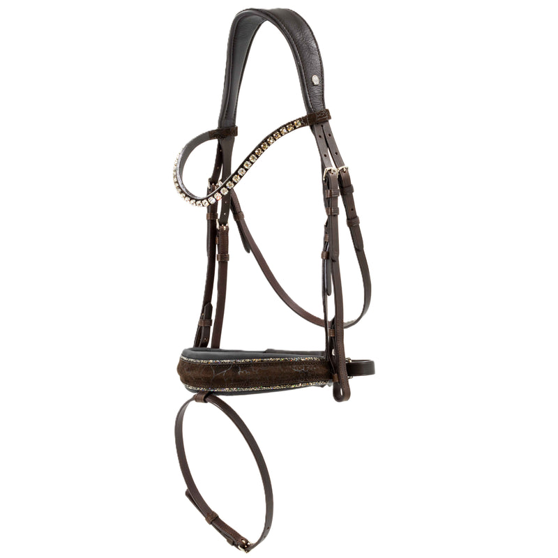 Otto Schumacher Bridle Tokyo Chocolate - Noseband Comfort XS Anatomically Formed Special Nubuk Garden Negro Padded Fineline Met.Gold - Browband Rivoli XS Curved Greige - Silver Shade & Crystal & Silve