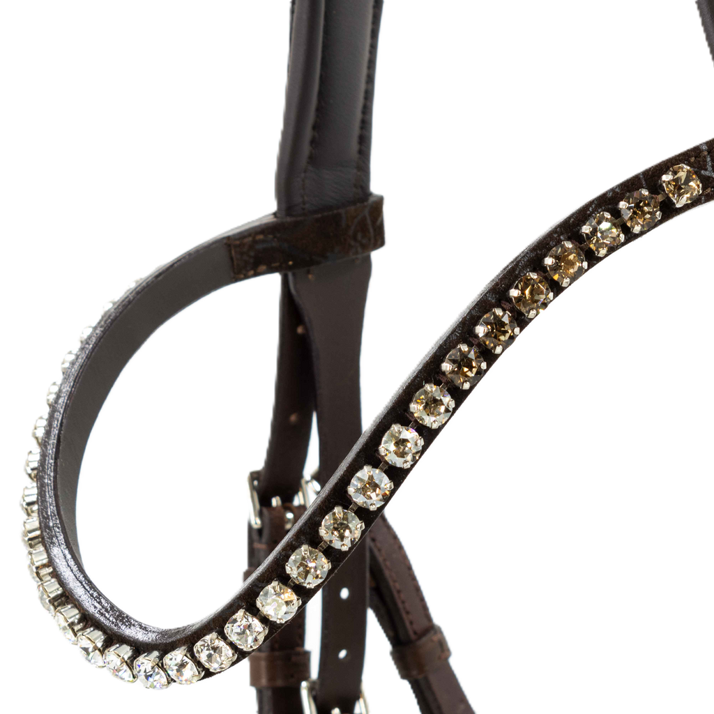 Otto Schumacher Bridle Tokyo Chocolate - Noseband Comfort XS Anatomically Formed Special Nubuk Garden Negro Padded Fineline Met.Gold - Browband Rivoli XS Curved Greige - Silver Shade & Crystal & Silve