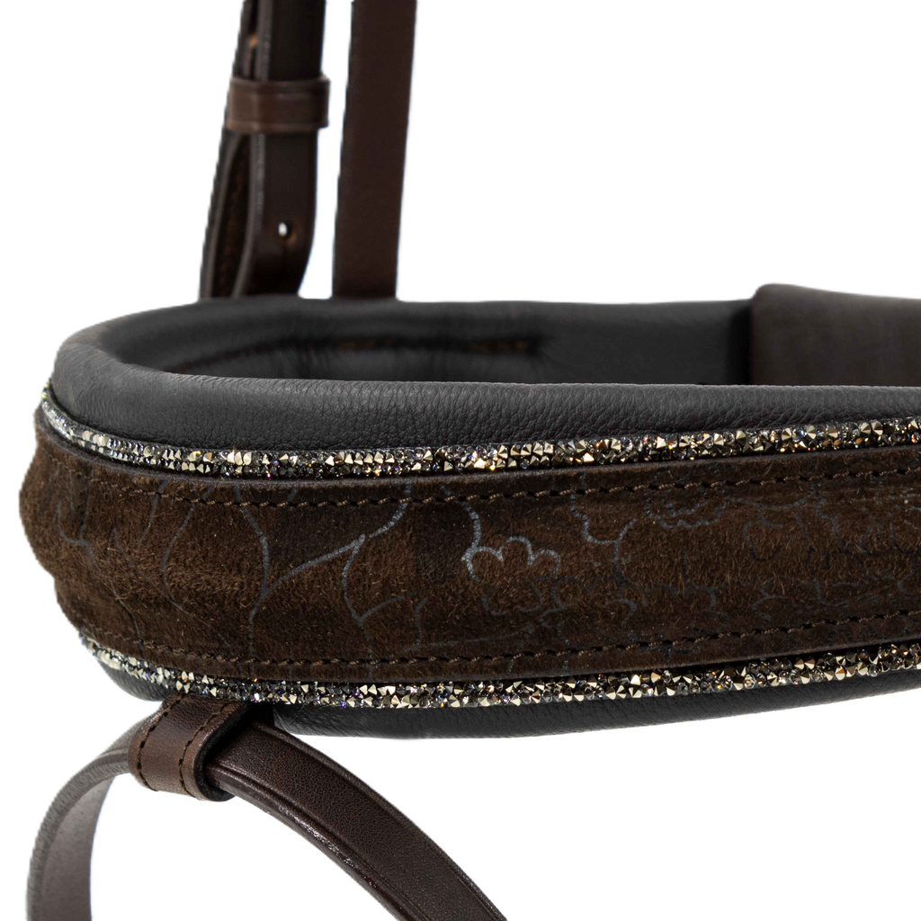 Otto Schumacher Bridle Tokyo Chocolate - Noseband Comfort XS Anatomically Formed Special Nubuk Garden Negro Padded Fineline Met.Gold - Browband Rivoli XS Curved Greige - Silver Shade & Crystal & Silve