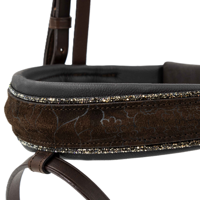 Otto Schumacher Bridle Tokyo Chocolate - Noseband Comfort XS Anatomically Formed Special Nubuk Garden Negro Padded Fineline Met.Gold - Browband Rivoli XS Curved Greige - Silver Shade & Crystal & Silve