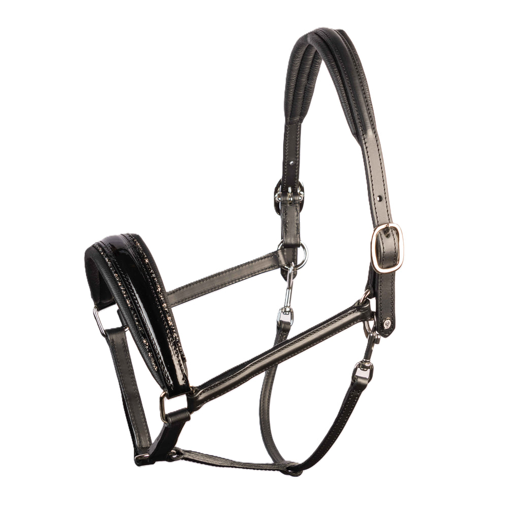 Otto Schumacher Leather Halter - Noseband Patent Black & Fineline Piping Jet-Platin