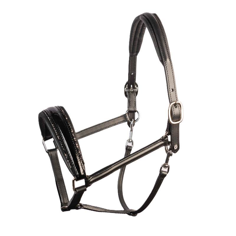 Otto Schumacher Leather Halter - Noseband Patent Black & Fineline Piping Jet-Platin