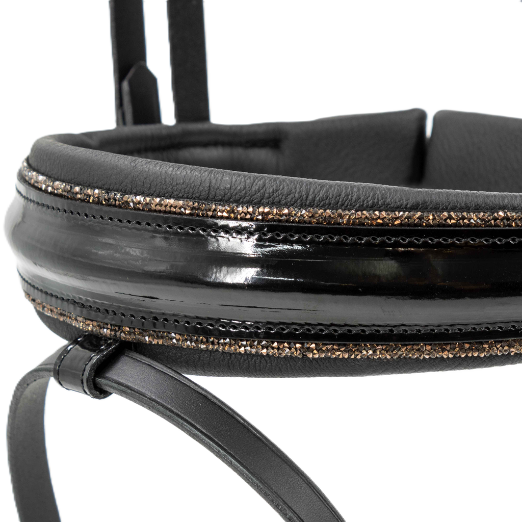 Otto Schumacher Bridle Elegant - Noseband Comfort XS Patent Black - Fineline Chestnut - Browband Rivoli XS Curved Symphony Rose Gold Black Setting