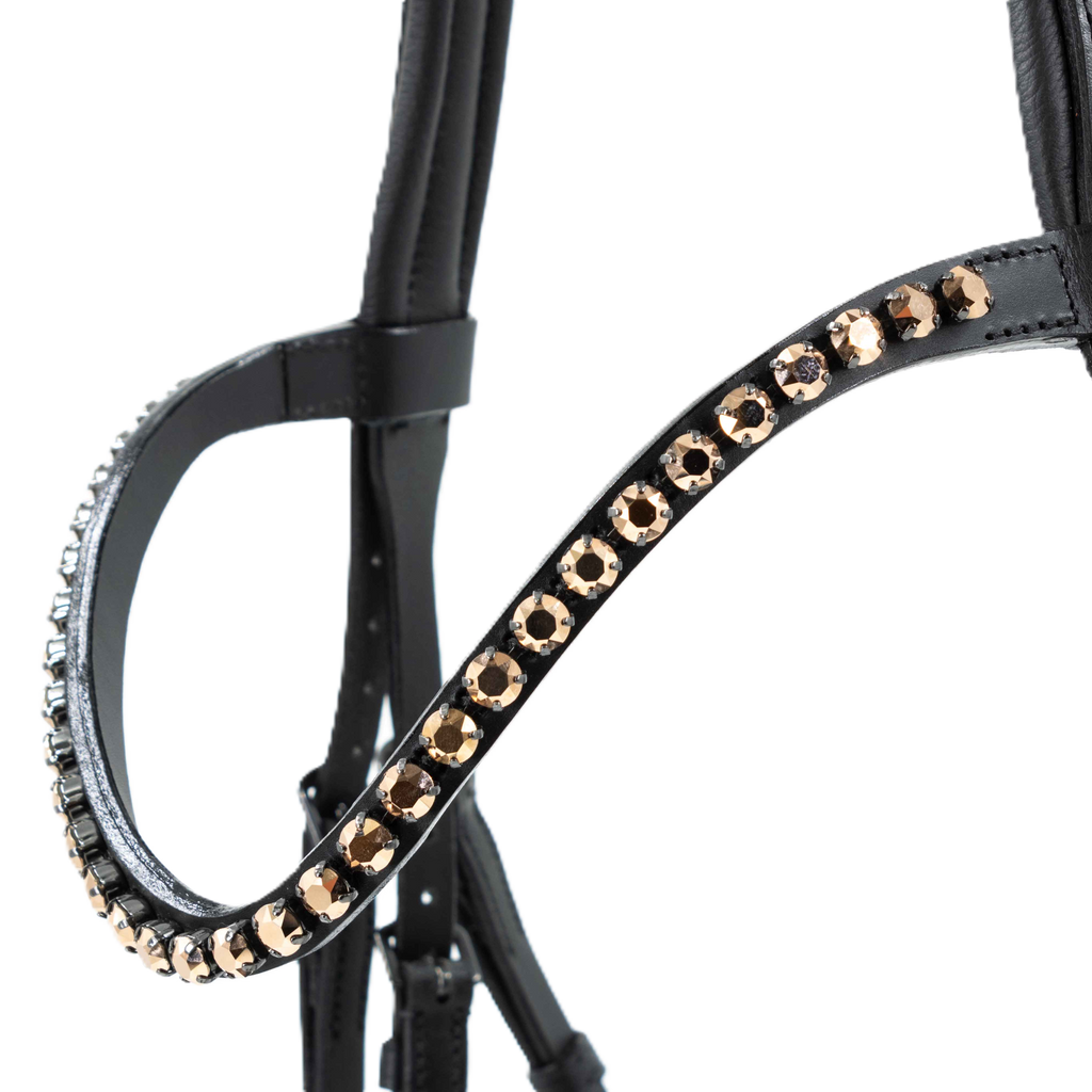 Otto Schumacher Bridle Elegant - Noseband Comfort XS Patent Black - Fineline Chestnut - Browband Rivoli XS Curved Symphony Rose Gold Black Setting