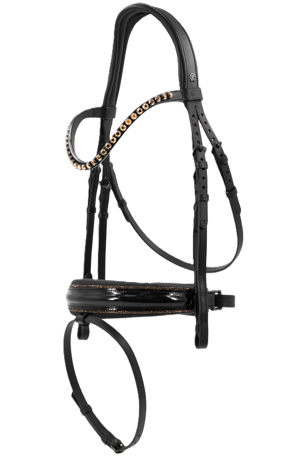 Otto Schumacher Bridle Elegant - Noseband Comfort XS Patent Black - Fineline Chestnut - Browband Rivoli XS Curved Symphony Rose Gold Black Setting