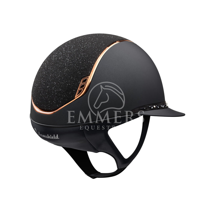 Samshield 2.0 Miss Shield Shadowmatt Noir /Dessus Tissu Cristal Noir / Bandeau frontal Bijoux Fleur Swarovski Alcantara Noir Majestueux Noir /Bordure Chrome Or Rose /Blason Chrome Or Rose
