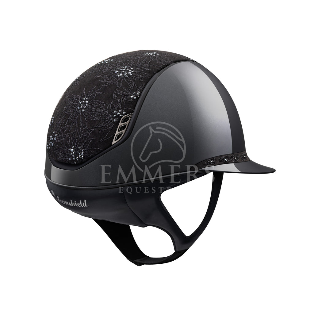 Samshield 2.0 Miss Shield Glossy Noir Métallisé / Top Spring Flower Noir / Bandeau Frontal Spring Flower Noir / Liseré Noir Mat / Blason Chrome Noir
