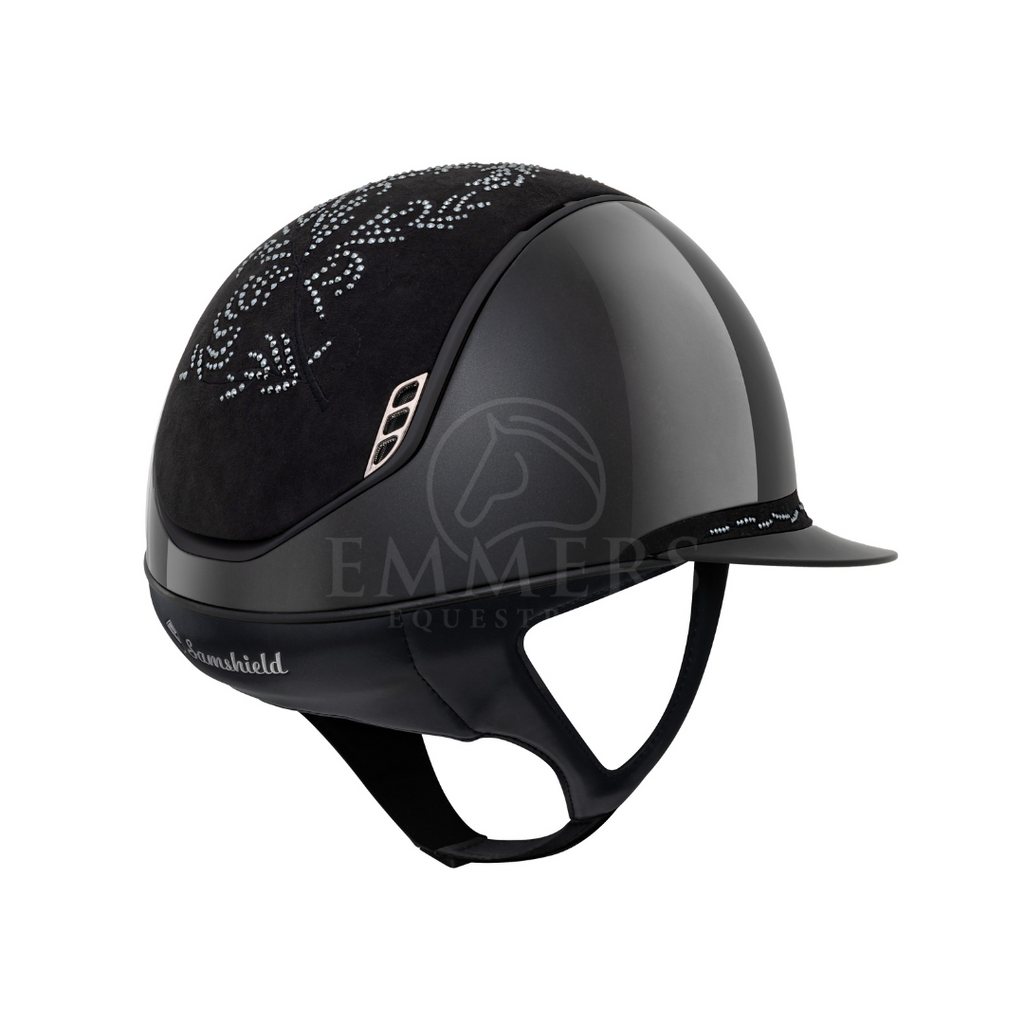 Samshield 2.0 Miss Shield Glossy Metallic Zwart / Top Flower Swarovski Black Crystal Black / Frontal Band Flower Swarovski Black Crystal Black / Trim Matt Zwart / Blazon Chrome Zwart