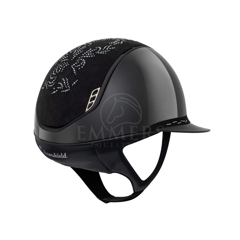 Samshield 2.0 Miss Shield Glossy Metallic Zwart / Top Flower Swarovski Black Crystal Black / Frontal Band Flower Swarovski Black Crystal Black / Trim Matt Zwart / Blazon Chrome Zwart