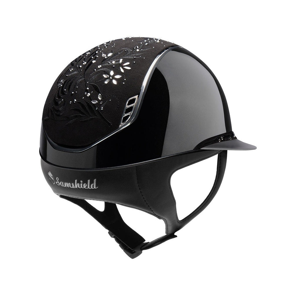 Samshield Miss Shield 2.0 Glänzend Schwarz / Top Alcantara Blume Swarovski Schmuck Schwarz / Stirnband Alcantara Blume Swarovski Schmuck Schwarz / Besatz Schwarz / Wappen Chrom Schwarz